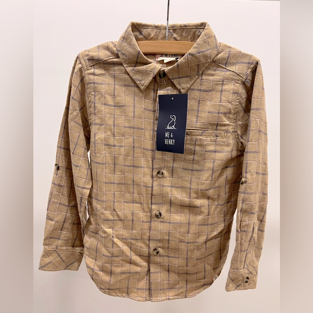 Boys Tan Plaid Shirt - Brand New